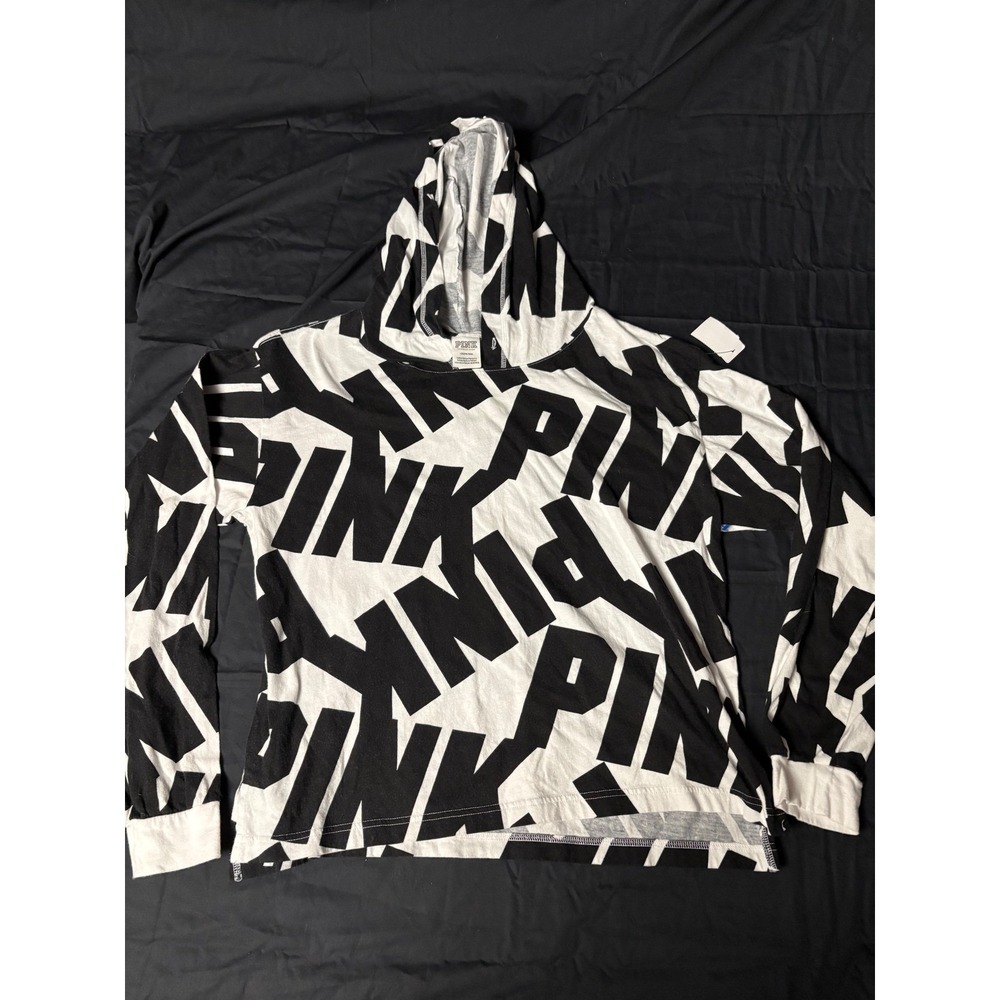 Victoria's Secret PINK Hoodie  Black White All Over Logo Print Womens M